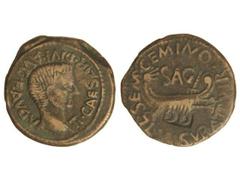As. ÉPOCA DE TIBERIO. SAGUNTO. Anv.: TI. CAESAR DIVI AVG. AVGV. Cabeza de Tiberio a derecha. Rev.: SAG. L. SEMP. GEMINO. L. (VAL.) SVRA. II VIR. Nave. 12,20 grs. Resello DD. AB-2091 var. MBC.