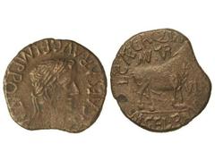 As. ÉPOCA DE TIBERIO. TURIASO. Anv.: TI. CAESAR AVG. F. IMP. PONT. M. Cabeza laureada de Tiberio a derecha. Rev.: L. CAEC. AQVIN. M. CEL. PALDV. MVN. TVR. (-) VIR. Toro a derecha. 10,10 grs. (Cospel a