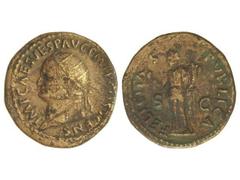 Dupondio. Acuñada el 73 d.C. VESPASIANO. Anv.: IMP. CAES. VESP. AVG. P. M. T. P. COS(...) CENS. Rev.: FELICITAS PVBLICA S. C. Felicidad en pie con caduceo y cornucopia entre S-C. 10,60 grs. AE. (Hoja 