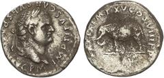 ROMAN COINS: ROMAN EMPIRE Peseta Period Denario. 79 d.C. TITO. Anv.: IMP. TITVS CAES. VESPASIAN. AVG. P. M. Cabeza laureada a derecha. Rev.: TR. P. IX. IMP. XV. COS. VIII. P.P. Elefante a izquierda. 2