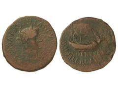 As. ÉPOCA DE TIBERIO. ILERCAVONIA. Anv.: Cabeza laureada de Tiberio a derecha, alrededor leyenda. Rev.: Nave, debajo DERT. M. H. I. ILERGAV... 6,90 grs. AB-1492. BC+/MBC-.