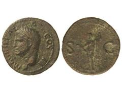 Dupondio. Acuñada el 27-12 a.C. AGRIPA. Anv.: M. AGRIPPA L. F. COS. III. Cabeza a izquierda con corona rostral. Rev.: S. C. Neptuno en pie a izquierda con tridente y delfín, manto sobre los hombros. 1