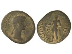 Dupondio. 41-42 d.C. ANTONIA. Acuñación de Claudio. Anv.: ANTONIA (AVGVSTA). Busto a derecha con la cabeza descubierta. Rev.: TI. CLAVD)IVS CAESAR AVG. P. M. TR. P. IMP. P. P.) S. C. Claudio en pie a 