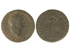 Dupondio. Acuñada el 54-55 d.C. NERÓN. Anv.: IMP. NERO CAESAR AVG. P. MAX. TR. P. P. P. Busto laureado a derecha. Rev.: VICTORIA AVGVSTI S. C. Victoria en marcha a izquierda. Pátina oscura. C-343. MBC