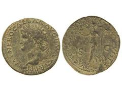 Dupondio. 54-68 d.C. NERÓN. Anv.: IMP. NERO CAESAR AVG.P. MAX. TR. P. P. P. Cabeza laureada a izquierda. Rev.: VICTORIA AVGVSTI S.C. Victoria en marcha a izquierda. (Oxidaciones). C-344. MBC+/MBC.