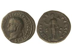 Dupondio. Acuñada el 74 d.C. VESPASIANO. Anv.: IMP. CAES. VESP. AVG. P. M. TR. P. COS. V CENS. Busto radiado a izquierda. Rev.: FELICITAS PVBLICA S. C. Felicidad estante a izquierda, portando caduceo 