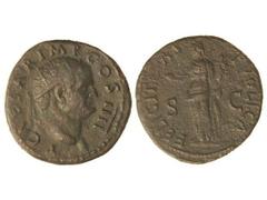 Dupondio. Acuñada el 75 d.C. TITO. Anv.: T. CAESAR IMP. COS. IIII. Cabeza radiada a derecha. Rev.: FELICITAS PVBLICA S. C. Felicidad en pie a izquierda. 9,10 grs. Pátina oscura. (Pequeñas oxidaciones)