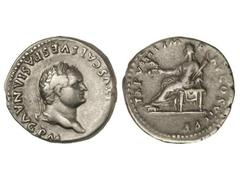 Denario. Acuñada el 79 d.C. TITO. Anv.: (IMP).TITVS CAES.VESPASIAN.AVG.P.M. Busto laureado a derecha. Rev.: TR.P.VIIII.IMP.XV.COS.VII.P.P. Ceres sentada a izquierda. 3,37 grs. C-286. MBC.