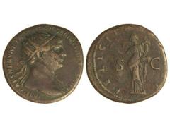 Dupondio. Acuñada el 112-117 d.C. TRAJANO. Anv.: IMP. CAES. NERVAE TRAIANO AVG. GER. DAC. P. M. TR. P. COS. VI P. P. Busto radiado a derecha. Rev.: FELICI(TAS AVGVST.) S. C. Felicidad en pie a izquier