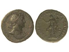 Dupondio. Acuñada el 115 d.C. TRAJANO. Anv.: IMP. CAES. (NER. T)RAIANO OPTIMO AVG. GER. (DAC. P. M. TR. P. COS. VI P. P.). Busto radiado a derecha. Rev.: SENATVS POPVLVSQVE ROMANVS S. C. Felicidad en 