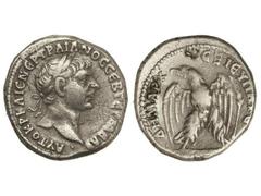 Tetradracma. 98-117 d.C. TRAJANO. SIRIA. Anv.: Busto laureado a derecha, alrededor leyenda. Rev.: Águila con alas abiertas. 4,34 gr. AR. (Golpecitos). Se-1077 var. MBC.