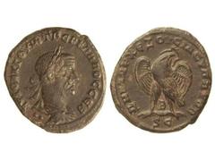 Tetradracma. 251-253 d.C. TREBONIANO GALO. Anv.: Busto laureado a derecha. Rev.: Águila en pie de frente, mirando a derecha. AE. G.I.C.-4349 var. MBC+.