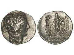 Tetradracma. 148 a.C. THASOS. Anv.: Cabeza de Dionisos a derecha. Rev.: Hércules a izquierda con clava y piel de león, alrededor leyenda. 16,80 grs. AR. Se-1759. EBC/EBC-.