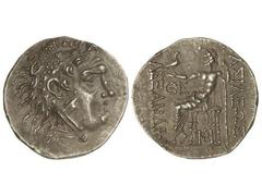 Tetradracma. 336-323 a.C. ALEJANDRO MAGNO. ODESSUS. TRACIA. Anv.: Cabeza de Hércules con piel de león a derecha. Rev.: Zeus entronizado a izquierda, delante y detrás leyenda. 16,50 grs. AR. Müller-419