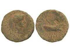 As. ÉPOCA DE TIBERIO. ILERCAVONIA. Anv.: TI. (CAESAR DIVI.) AVG. AVGVSTVS. Cabeza laureada de Tiberio a derecha. Rev.: DERT. M. N. ILERCAVONI. Nave a izquierda. Resello palma. 5,40 grs. Pátina verde. 