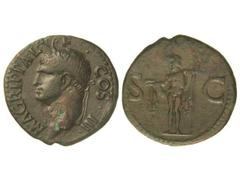 Dupondio. Acuñada el 27-12 a.C. AGRIPA. Anv.: M. AGRIPPA L. F. COS. III. Cabeza a izquierda con corona rostral. Rev.: S. C. Neptuno en pie a izquierda. Pátina verde. (Erosión en anverso). C-3. MBC+.