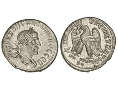 Tetradracma. 244-249 d. C. FILIPO I. SIRIA. Anv.: Busto laureado a derecha. Rev.: Águila en pie de frente con las alas extendidas. AR. (Pequeños grafitis en anverso). GIC-3958 var. EBC.