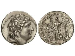 Tetradracma. 138-128 a.C. ANTÍOCO VII. REINO SELÉUCIDA. Anv.: Cabeza laureada a derecha. Rev.: Atenea en pie a izquierda, delante y detrás leyenda. 16,90 grs. AR. Se-7091. EBC/EBC-.