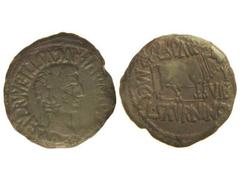 As. ÉPOCA DE TIBERIO. CALAGURRIS. Anv.: (TI. AVGVS. DI)VI. (AV)GVSTI. F. IMP. CAESAR. Cabeza laureada de Tiberio a derecha. Rev.: (L.) FVL. SPAR(SO) L. SATVRNINO (II) VIR. M. C. I. Toro a derecha. 10,