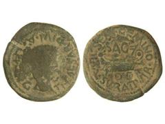 As. ÉPOCA DE TIBERIO. SAGUNTO. Anv.: TI. CAESAR DIVI AVG. F. AVG. Cabeza de Tiberio a derecha. Rev.: SAG. L. SEMP. GEMINO L. VAL. SVRA. II VIR. Nave. 11,70 grs. Pátina verde. AB-2091. BC/MBC-.