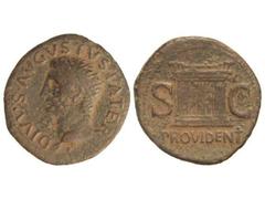 Dupondio. Acuñada el 22 d.C. AUGUSTO. Anv.: DIVVS AVGVSTVS PATER. Cabeza radiada a izquierda. Rev.: PROVIDENT. S. C. Altar. 10,60 grs. Pátina marrón. C-228. BC+/MBC-.
