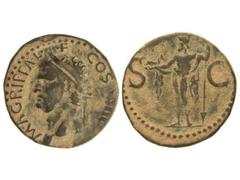 Dupondio. Acuñada el 27-12 a.C. AGRIPPA. Anv.: M. AGRIPPA L. F. COS. III. Cabeza a izquierda con corona rostral. Rev.: S. C. Neptuno en pie a izquierda con tridente y delfín, manto sobre los hombros. 