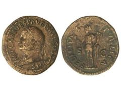 Dupondio. Acuñada el 73 d.C. VESPASIANO. Anv.: IMP. CAES. VESP. AVG. P. M. T. P. COs. (...) CENS. Busto a izquierda. Rev.: FELICITAS PVBLICA S. C. Felicidad en pie con caduceo y cornucopia entre S-C. 