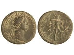 Dupondio. Acuñada el 92-94 d.C. DOMICIANO. Anv.: (IMP.) CAES. DOMIT. AVG. GERM. COS. XVI C(ENS. PER. P. P.). Cabeza radiada a derecha. Rev.: VIRTVTI (AVGVSTI) S. C. Virtud a derecha portando lanza y p