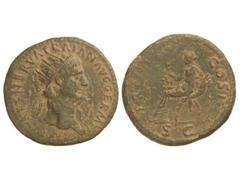 Dupondio. Acuñada el 100 d.C. TRAJANO. Anv.: IMP. CAES. NERVA TRAIAN. AVG. GERM. P. M. Cabeza radiada a derecha. Rev.: TR. (POT.) COS. II(I P.P.) S. C. Fortuna sentada a izquierda. 13,70 grs. Pátina v