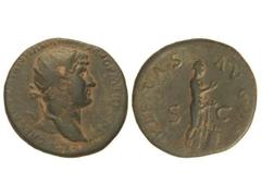 Dupondio. Acuñada el 119-121 d.C. ADRIANO. Anv.: IMP. CAESAR TRAIAN. HADRIANVS P. M. TR. P. COS. III. Cabeza radiada a derecha. Rev.: PIETAS AVGVS(TI) S. C. Piedad en pie a derecha. 10,60 grs. Pátina 
