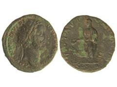 Dupondio. Acuñada el 145 d.C. ANTONINO PÍO. Anv.: ANTONINVS AVG. PIVS P. P. (TR. P.) XI. Cabeza radiada a derecha. Rev.: VORA VI(). Antonino Pío en pie a izquierda ante un altar. 12,90 grs. Pátina osc