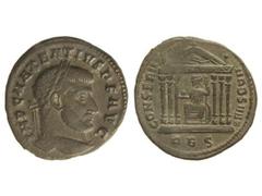 Follis. Acuñada el 308 d.C. MAJENCIO. Anv.: IMP. MAXENTIVS P.F. AVG. Busto laureado a derecha. Rev.: CONSERV. VRB. SVAE en exergo AES. C-41. MBC+.