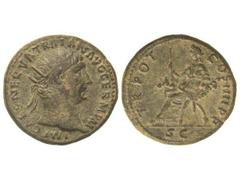 Dupondio. Acuñada el 101-102 d.C. TRAJANO. Anv.: IMP. CAES. NERVA TRAIAN. AVG. GERM. P. M. Busto radiado a derecha. Rev.: TR. POT. COS. IIII P. P. S. C. Fortuna sentada a izquierda. 13,74 grs. Pátina 