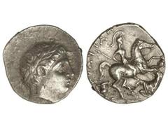 Tetradracma. 340-315 a.C. PATRAOS. Anv.: Cabeza de Apolo laureada a derecha. Rev.: Guerrero a caballo a derecha, alanceando a un enemigo caído, detrás leyenda. 12,90 grs. AR. Se-1520. MBC+/EBC-.