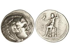 Tetradracma. 336-323 a.C. ALEJANDRO MAGNO. Anv.: Cabeza de Hércules con piel de león a derecha. Rev.: Zeus entronizado a izquierda, delante M. 16,91 grs. AR. (Pequeños golpecitos). Se-6724 var. MBC.