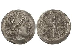 Tetradracma. 138-129 a.C. ANTÍOCO VII. REINO SELÉUCIDA. Anv.: Cabeza diademada a derecha. Rev.: Atenea en pie a izquierda, delante y detrás leyenda. 16,60 grs. AR. Se-7091. EBC-.