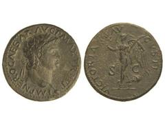 Dupondio. Acuñada el 54-55 d.C. NERÓN. Anv.: IMP. NERO CAESAR AVG. P. MAX.TR.P.P.P. Cabeza laureada a derecha. Rev.: VICTORIA AVGVSTI S.C. Victoria en marcha a izquierda. 13,5 grs. (Pequeñas oxidacion