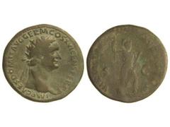 Dupondio. Acuñada el 92-94 d.C. DOMICIANO. Anv.: IMP. CAES. DOMIT. AVG. GERM. COS. XVI. CENS. PER. P. P. Cabeza radiada a derecha. Rev.: VIRTVTI AVGVSTI S. C. Virtud en pie a derecha con lanza y paraz