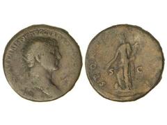 Dupondio. Acuñada el 104-110 d.C. TRAJANO. Anv.: (IMP. CAES. NER)VAE TRAIANO AVG. GER. DAC. (P. M. TR. P. COS. V P. P.). Cabeza radiada a derecha. Rev.: S. P. Q. R. (OPTIMO PRINCIPI) S. C. Fortuna en 