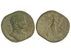 Dupondio. Acuñada el 118 d.C. ADRIANO. Anv.: IMP. CAESAR TRAIANVS HADRIANVS AVG. Busto radiado a derecha. Rev.: PONT MAX. TR. POT COS II S. C. ANNONA (AVG.). Annona de pie a izquierda. C-179. MBC-.