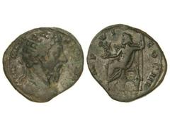 Dupondio. Acuñada el 172-173 d.C. MARCO AURELIO. Anv.: M. ANTONINVS A(VG. TR. P. XXXVII). Cabeza radiada a derecha. Rev.: IMP. VI COS. III S. C. Júpiter sedente a izquierda, portando Victoria y cetro.