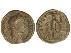 Sestercio. Acuñada el 222-231 d.C. ALEJANDRO SEVERO. Anv.: IMP. SEV. ALEXANDER AVG. Busto laureado a derecha. Rev.: IOVI CONSERVATORI S. C. Júpiter en pie a izquierda con cetro y rayo, abajo Alejandro