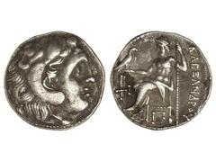 Dracma. ALEJANDRO MAGNO. CECA INCIERTA. Anv.: Cabeza de Hércules con piel de león a derecha. Rev.: Zeus entronizado a izquierda, detrás leyenda, delante y debajo símbolos. Müller-796. MBC+.