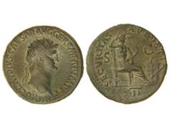 Dupondio. Acuñada el 54-55 d.C. NERÓN. Anv.: NERO CLAUDIVS CAESAR AVG. GER. P. M. TR. P. IMP. P. P. Cabeza radiada a derecha. Rev.: SECVRITAS AVGSTI S. C. II. Seguridad sentada a derecha, a sus pies a