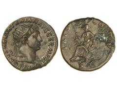 Dupondio. Acuñada el 101-102 d.C. TRAJANO. Anv.: IMP. CAES. NERVA TRAIAN. AVG. GERM. P. M. Busto radiado a derecha. Rev.: TR. POT. CO(S. IIII) P. P. S. C. Abundancia sentada a izquierda. Pátina oscura