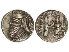 Tetradracma. 147-191 a.C. VOLOGASES IV. PARTIA. Anv.: Busto barbado y diademado a izquierda. Rev.: El rey entronizado a izquierda recibiendo diadema de Tyche. 14 grs. AR. GIC-5856. MBC+.