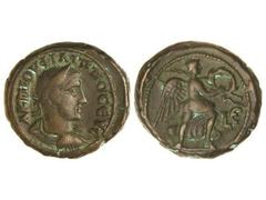 Tetradracma. 244-249 d.C. FILIPO I. ALEJANDRÍA. Anv.: Busto laureado a derecha, alrededor leyenda. Rev.: Victoria sentada a derecha. 13,80 grs. Ve. (Ligeras oxidaciones). GIC-3971 var. MBC+.