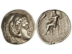 Tetradracma. 336-323 a.C. ALEJANDRO MAGNO. MACEDONIA. Anv.: Cabeza de Hércules con piel de león a derecha. Rev.: Zeus entronizado a izquierda, delante símbolo, debajo a izquierda leyenda. 17,20 grs. A