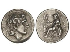 Tetradracma. 323-281 a.C. LISÍMACO. TRACIA. Anv.: Cabeza diademada de Alejandro Magno con cuerno de Amón a derecha. Rev.: Atenea sentada a izquierda, sosteniendo a Nike. 16,70 grs. AR. Se-6814. EBC-/M