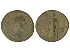 Dupondio. Acuñada el 140-143 a.C. ANTONINO PÍO. Anv.: ANTONINVS AVG. PIVS P. P. TR. P. COS. III. Cabeza radiada a derecha. Rev.: S. C. Esperanza en marcha a izquierda. Pátina verde. C-756. MBC-/MBC.